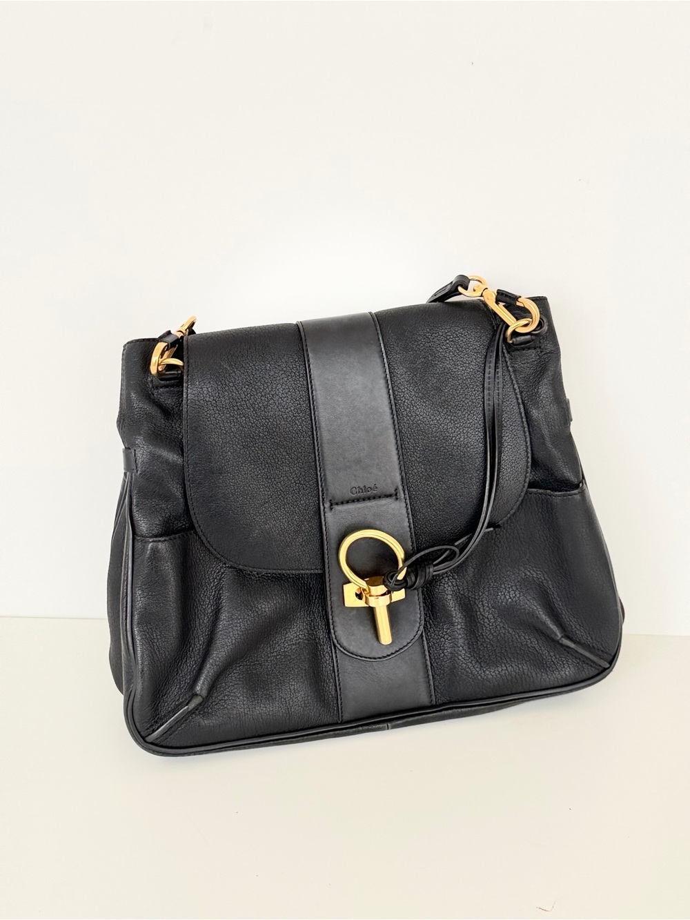 Chloé Lexa Black Leather Shoulder Bag with Gold Hardware - larger size (35cm)